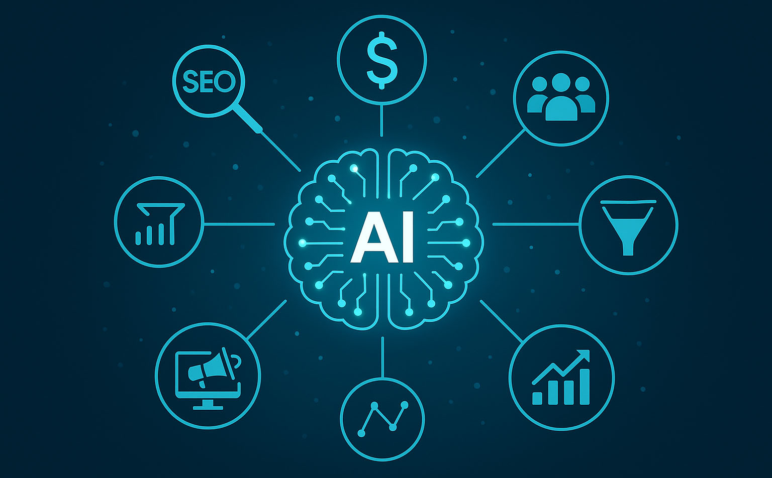 AI-powered digital marketing ecosystem with icons for SEO, paid search, social media, programmatic advertising, analytics, and funnel strategy